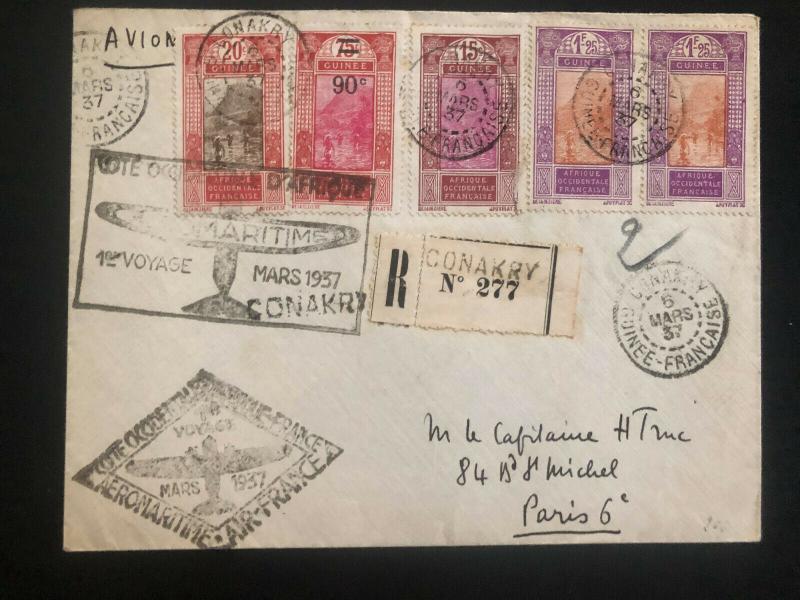 1937 Conakry French Guinea First Flight Airmail cover FFC to Paris France