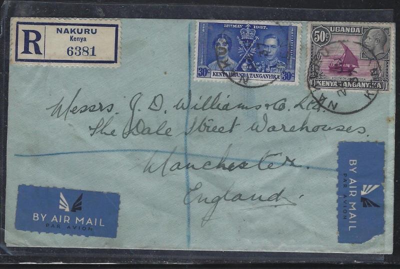 KENYA.UGANDA, TANGANYIKA (P0302B) 1937 KGV 50C+ CORONATION 5C REG A/M TO ENGLAND