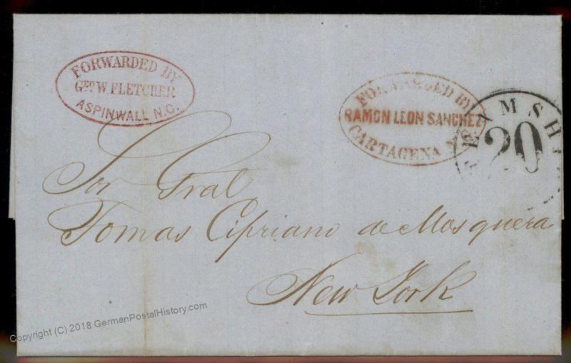 Colombia 1855 Geo Fletcher Aspinwall Cartagena Dual Agent Forwarding Cover 92133