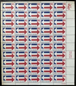 Scott E23 ARROWS Sheet of 50 US 60¢ SPECIAL DELIVERY Stamps MNH 1971
