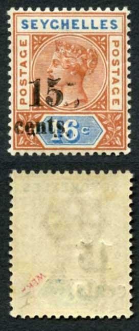 Seychelles SG18b 15c on 16c die 1 Surcharge Doubled Very Fine M/M cat 1300 pound