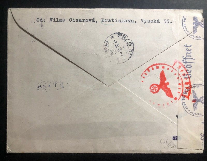 1943 Bratislava Slovakia Censored Chemical Test Cover to Prague Bohemia Moravia