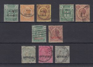 BC JAMAICA 1890-1916 WAT TAX & OFFICIALS GROUP OF 10 STAMPS ON CARD USED