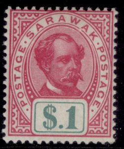 SARAWAK QV SG47, $1 rose-carmine & green, LH MINT. Cat £100.