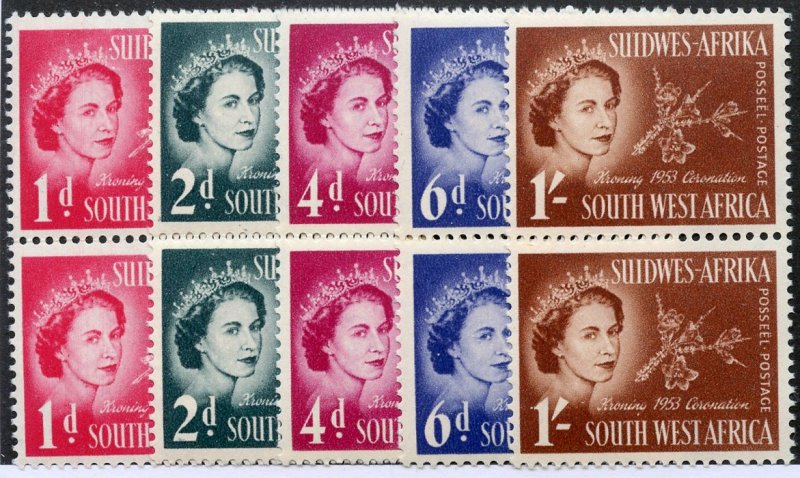 South West Africa, Scott #244-48, Complete Set Pairs Mint, Never Hinged