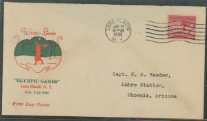 US 716 1932 2c Winter Olympic games (skiing) on an addressed first day cover with a Elliot cachet.