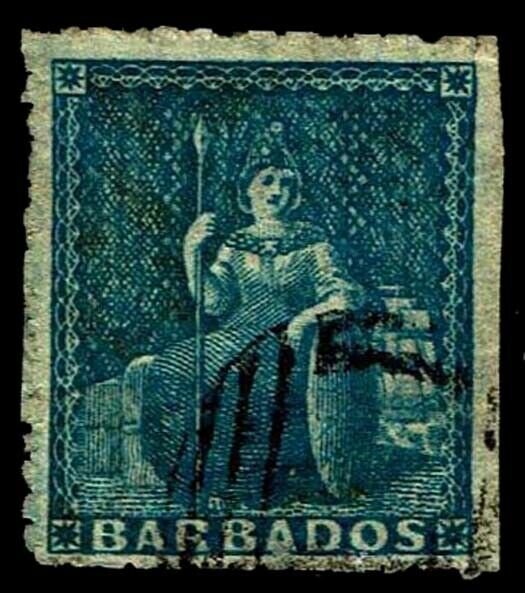 1859 Barbados #10 Britannia Pin Perf 14 - Used - VF - CV$175.00 (ESP#4043)