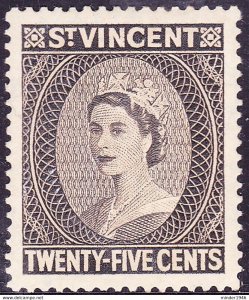 ST VINCENT 1955 QEII 25c Black-Brown SG197 MH