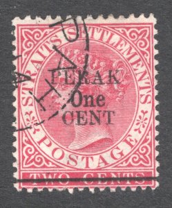 Malaya - Perak, Scott #35   VF, Used, 1c on 2c rose, CV $50.00 ....  4990019