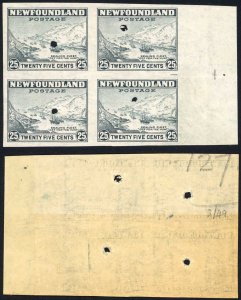 Newfoundland SG219 25c Slate Imperf Block with punch holes Block of Four