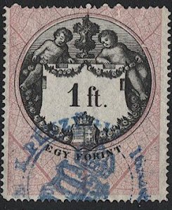 HUNGARY 1881 Barefoot #122  1ft Used Revenue, VF - Coat of Arms, Blue cancel