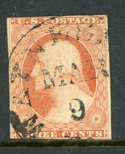 USA 1851 Washington 3¢ Orange Brown Type II Scott #10A VFU R457