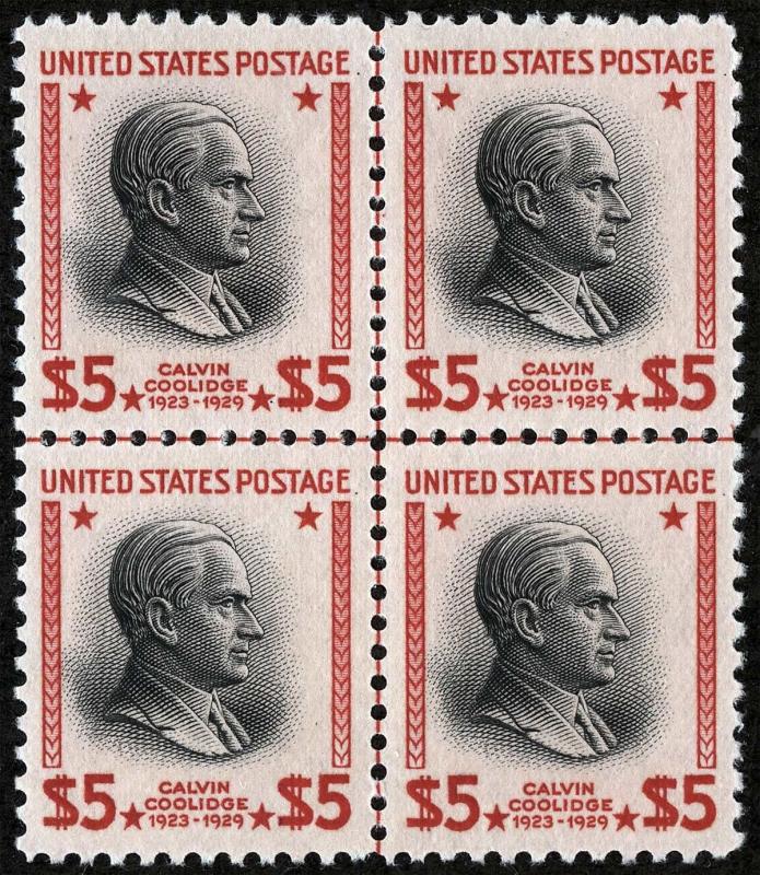 US Sc 834 Carmine and Black $5.00 Centerline Block of 4 MNH Original Gum *TL lot