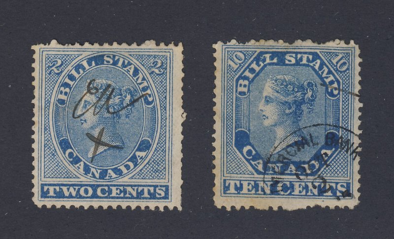 2x Canada Used Revenue Bill Stamps #FB2-2c FB10-10c Guide Value = $25.00