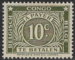 BELGIAN CONGO 1943 10c P. 14 x 14 1/2 POSTAGE DUE Sc J8 MLH