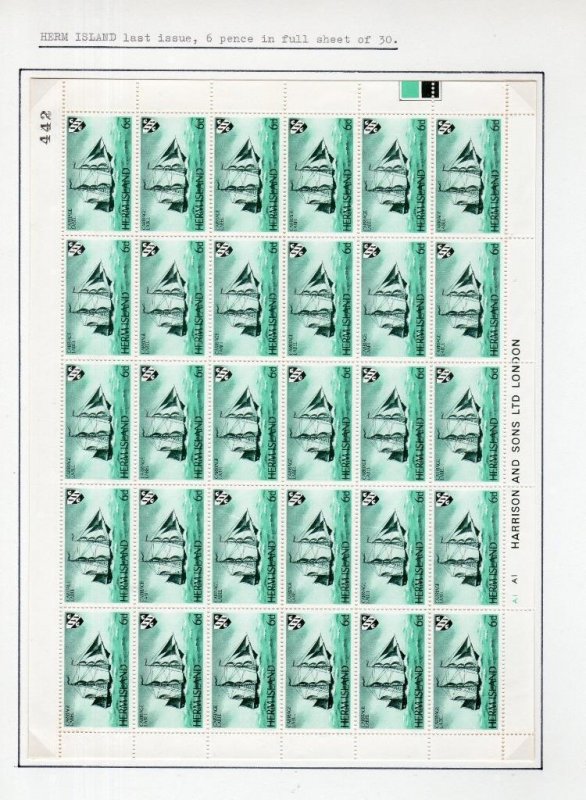 HERM: 1969 SHIPS 6d COMPLETE UNMOUNTED MINT SHEET OF 30