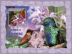 MOZAMBIQUE 2007 SHEET COLIBRIS HUMMINGBIRDS BIRDS OISEAUX AVES ORCHIDS moz7109b