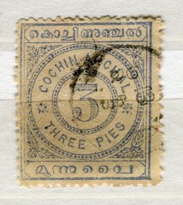 INDIA COCHIN; 1903 early classic Local Numeral issue used SHADE of 3p. value