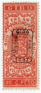 (I.B) Philippines (Spanish Colonial) Revenue : Giro 30c (overprint)