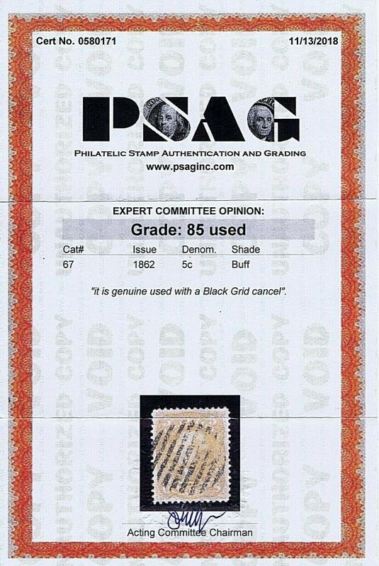 SC# 67 USED 5 CENT 1862, GRID CANCEL, 2018 PSAG CERT GRADED VF XF 85