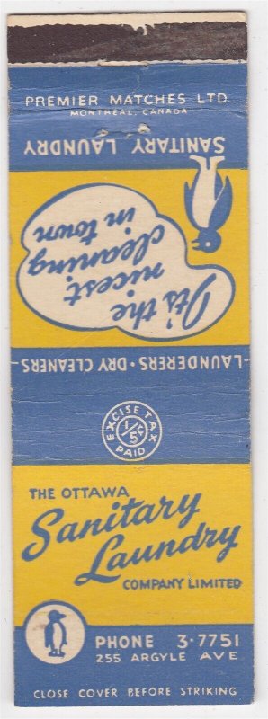 Canada Revenue 1/5¢ Excise Tax Matchbook THE OTTAWA SANITARY LAUNDRY