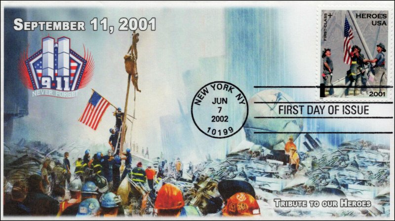 AO-B2, 2002, Heroes of 2001, New York City, Add-on Cachet, FDC, 9-11, SC B2