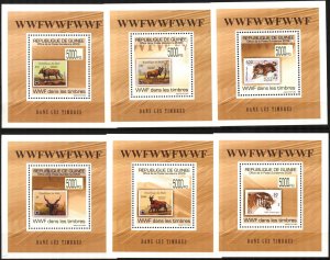 {304} Guinea 2009 Stamps on Stamps Fauna WWF 6 S/S Deluxe MNH**