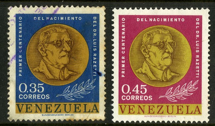 VENEZUELA 843-4 USED BIN .60 COIN ON STAMP