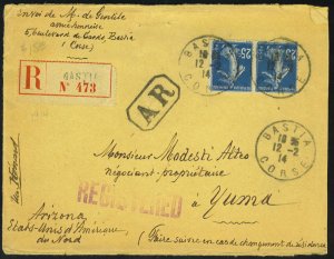 FRANCE 1914 REGISTERED BASTIA WITH AR MARKING TO