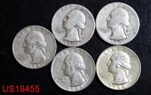 Five different circulated silver WASHINGTON QUARTERS