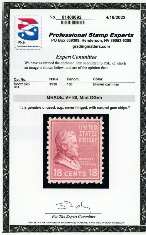 US Stamp #823 Ulysses S. Grant 18c - PSE Cert - VF 80 - MNH  