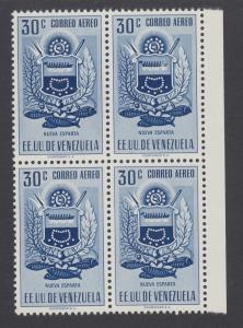 Venezuela Sc C540 MNH. 1951 30c deep blue Arms of Trujillo and Tree, block of 4 