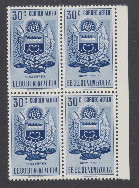 Venezuela Sc C540 MNH. 1951 30c deep blue Arms of Trujillo and Tree, block of 4