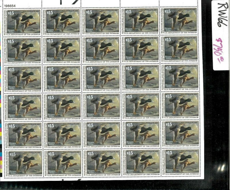 RW66 1999 FULL FEDERAL DUCK STAMP SHEET.   PLATE # 198654 TOP