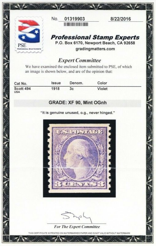 494, Mint XF NH 3¢ Coil With Graded 90 PSE Certificate - Stuart Katz