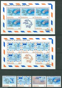 GHANA  UPU CENTENTARY   SC#512/15a & SHEETS OF FIVE   MINT NEVER HINGED AS SHOWN