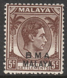 Malaya Straits Setts Scott 259 - SG5, 1945 BMA Overprint 5c Die II MH*