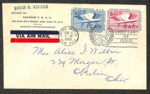 UNITED NATIONS #31 & 32 STAMPS FDC FIRST DAY COVER AIRMAIL COVER 1955