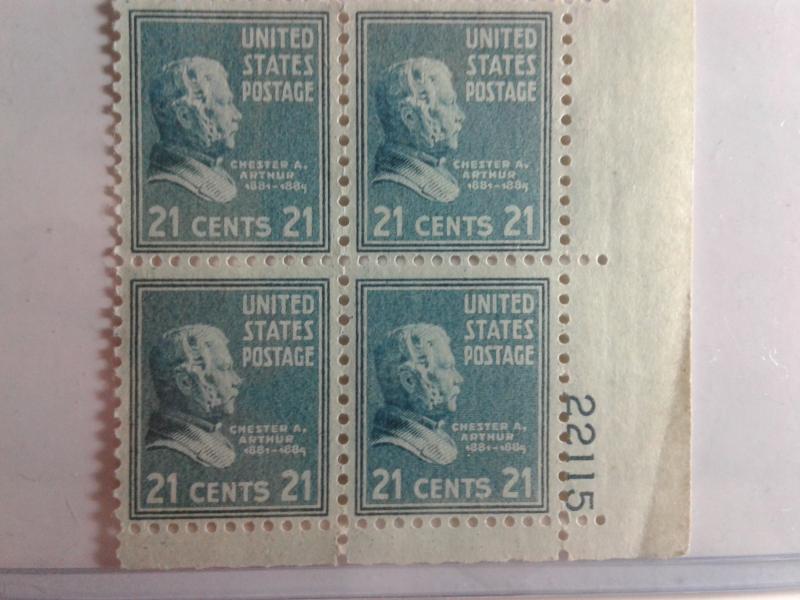 SCOTT # 826 TWENTY ONE CENT PLATE BLOCK ARTHUR PRESIDENTIAL ISSUE 1940