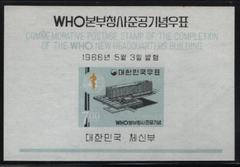 Korea South 1966 MNH Sc 508a 7w Opening of WHO HQ in Geneva Souvenir sheet