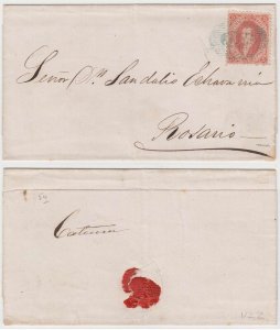 ARGENTINA 1864 RIVADAVIA Sc 11a RED FINE IMPR ON LS BLUE OM TO ROSARIO CV$500+ 