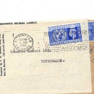AD61 1948 GB OLYMPICS Altrincham Ches *Browns Economy Label* Cover AUSTERITY