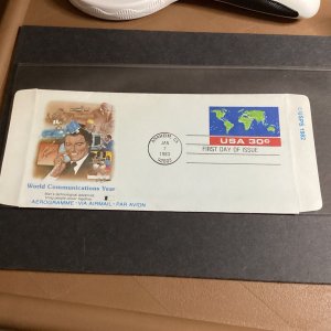 1983 World Communications Year Aerogramme Airmail 30c US FDC