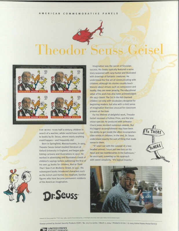 USPS COMMEMORATIVE PANEL #703 DR. THEODORE SEUSS #3835