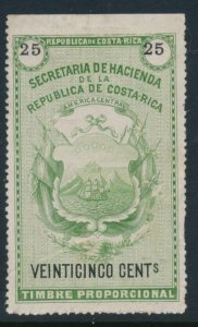 Costa Rica tax revenue fiscal stamp 1883 white background issue 25 Cents
