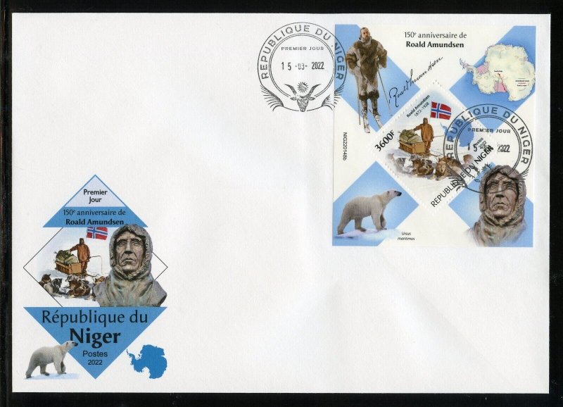 NIGER 2022  150th ANNIVERSARY OF ROALD AMUNDSEN SOUVENIR SHEET FIRST DAY COVER