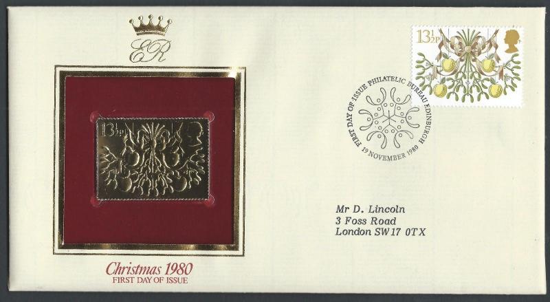 GB 1980 Christmas Gold Foil Stamp First Day Cover Philatelic SHS CV#1