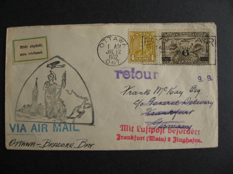 Canada Germany cover return to sender handstamp FFC Ottawa,Bradore Bay Jul 12/32