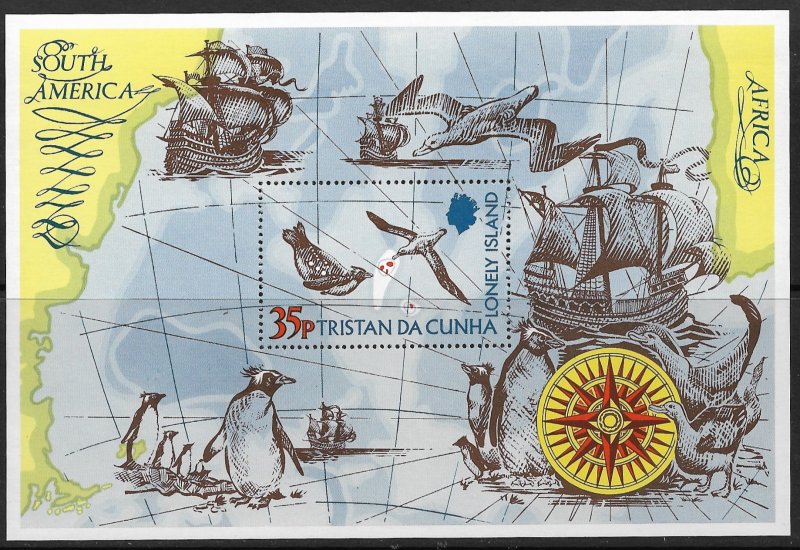 TRISTAN DA CUNHA 1974 MAP PENGUIN BIRDS Souvenir Sheet Sc 195 MLH