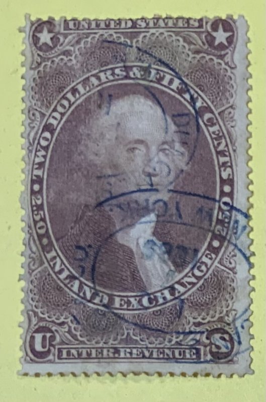 USA 1862-71 FIRST ISSUE REVENUE $2.50 INLAND EXCHANGE  HAND CANCELLATION